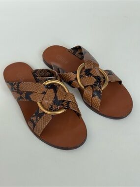 Chloé Roby Snake-Print Braided Leather Slide Sandals with Brass Ring - Italy